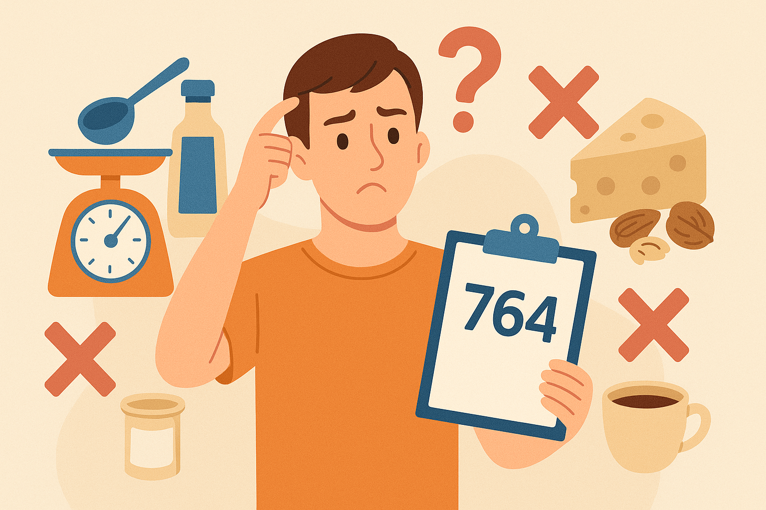 رسم توضيحي لشخص محتار في حساب السعرات الحرارية مع ميزان مطبخ وأطعمة ترمز للأخطاء الشائعة في التقدير الغذائي ✔️ واضح ✔️ وصفي ✔️ ممتاز لمحركات البحث وإمكانية الوصول