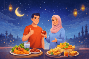 صورة توضيحية لأشخاص يختارون أطعمة متوازنة في رمضان للحفاظ على الوزن بدون زيادة