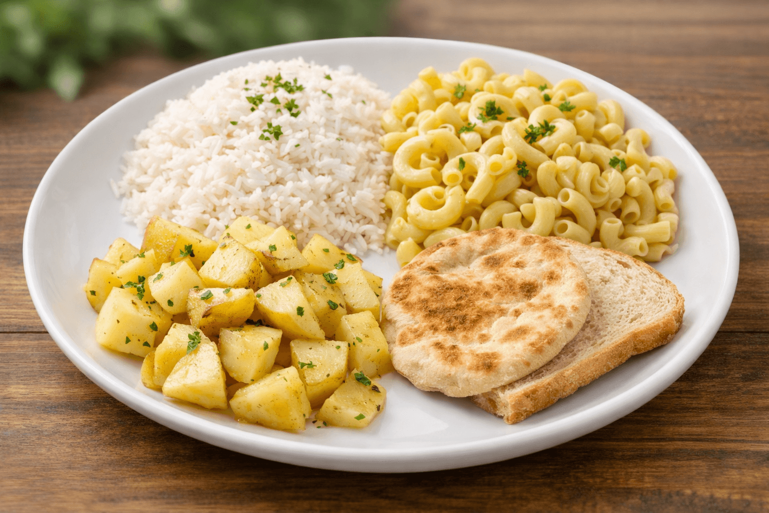 طبق غداء صحي متوازن يحتوي على نصف كوب رز، دجاج مشوي، وسلطة خضار — مثال عملي لأكل النشويات بدون زيادة وزن