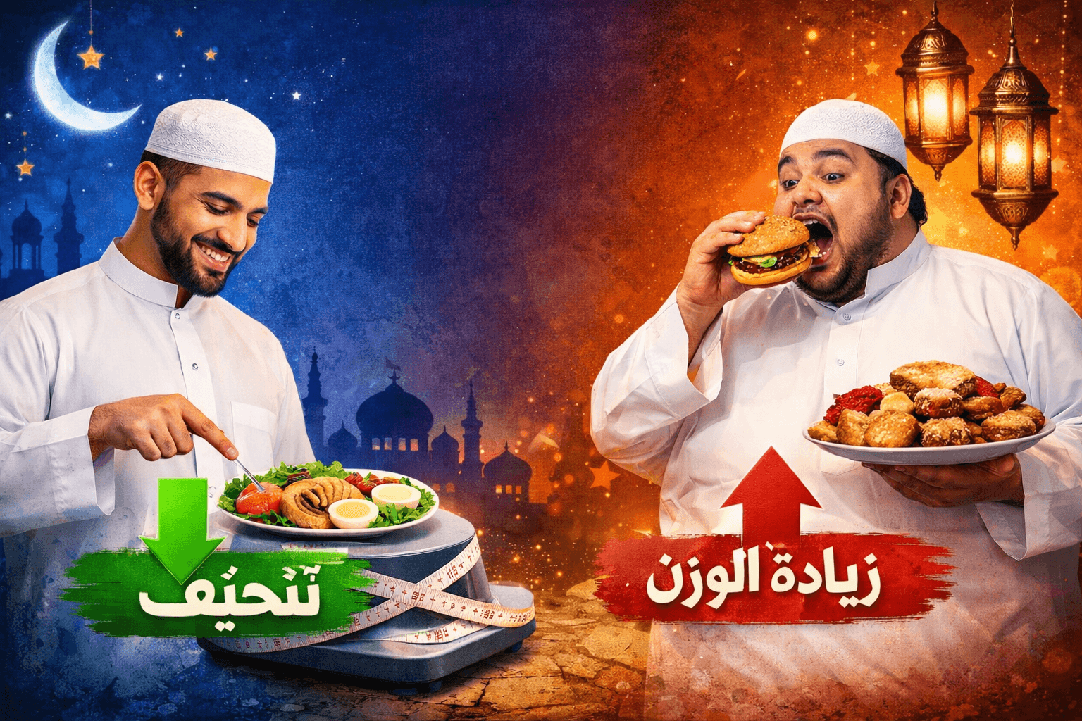 مقارنة بين نمط أكل صحي ونمط أكل مفرط في رمضان وتأثيرهما على الوزن