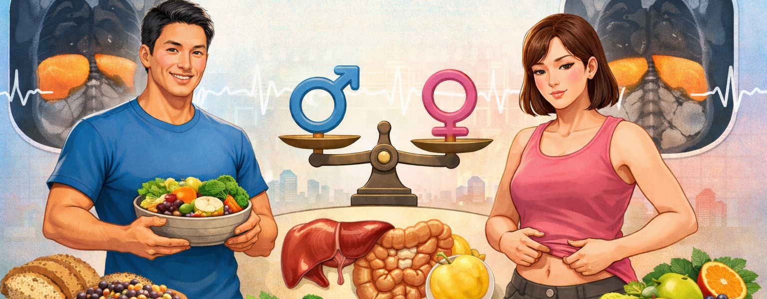 رسم توضيحي يوضح الفرق بين الرجال والنساء في العلاقة بين تناول الألياف الغذائية وتراكم الدهون الحشوية باستخدام صور تشريحية وطعام صحي