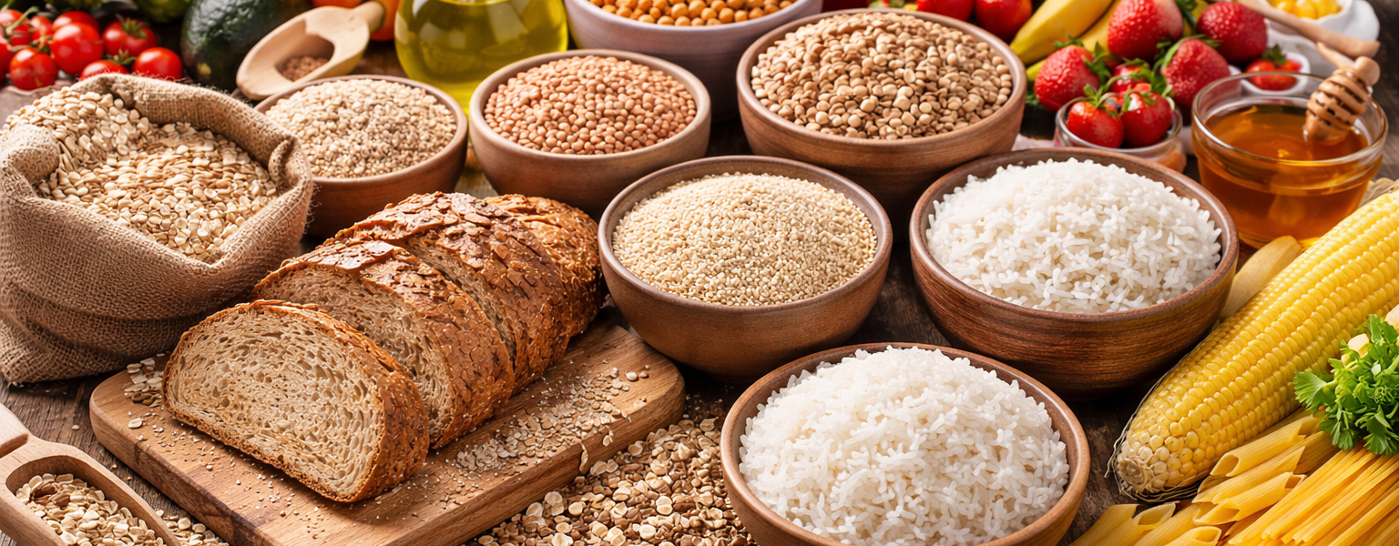 صورة واقعية تعرض مصادر النشويات الصحية مثل الأرز والخبز والمكرونة مع الخضروات والبقوليات ضمن نظام غذائي متوازن