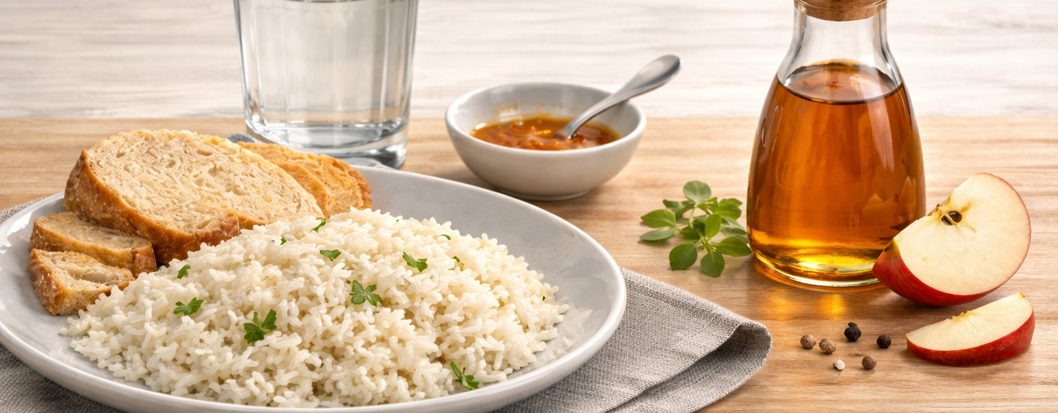 طبق كربوهيدرات مع زجاجة خل كمثال لتخفيف ارتفاع سكر الدم بعد الأكل
