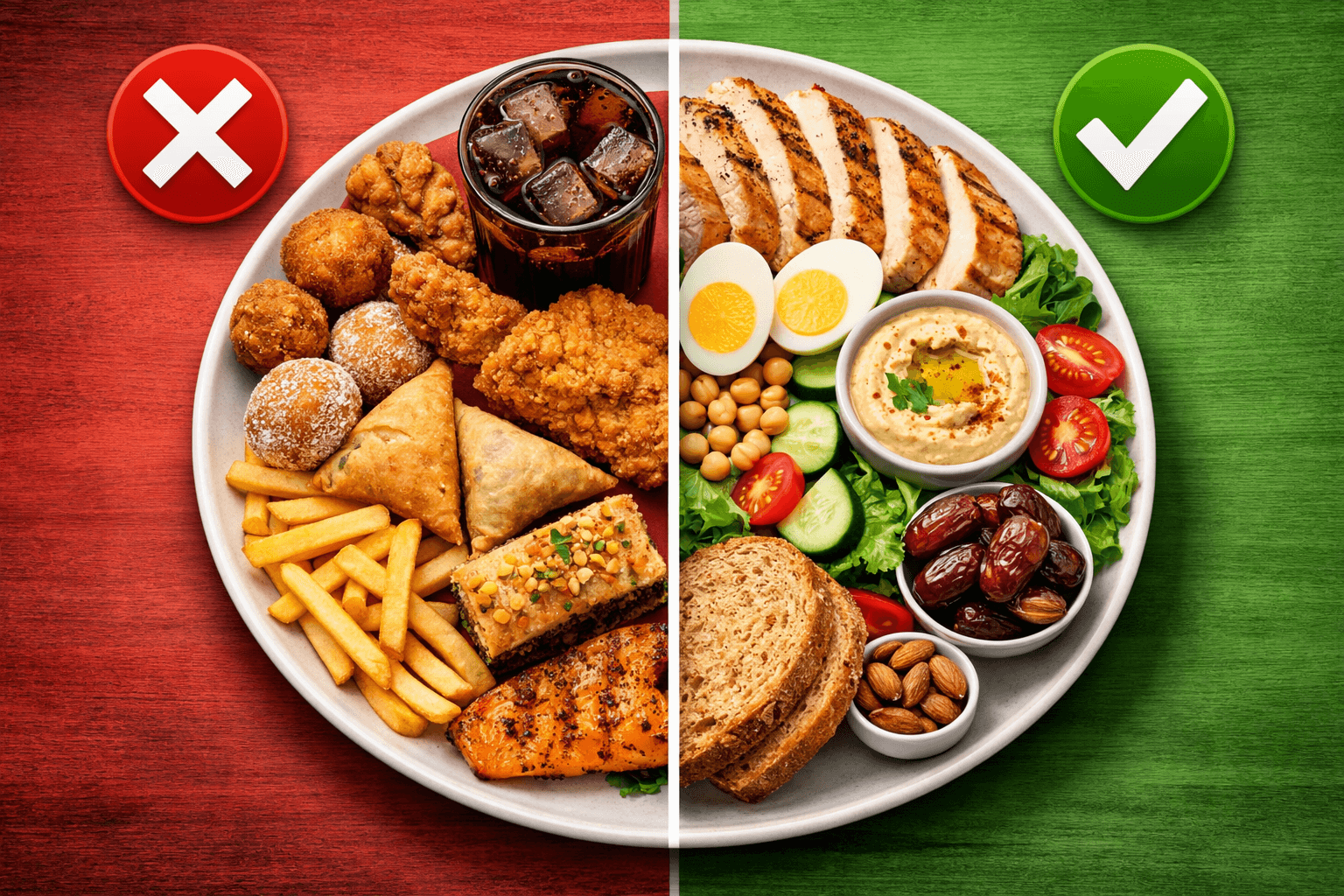 طبق مقسوم نصفين يوضح الفرق بين أكل صحي وأكل غير صحي في الإفطار خلال رمضان لتجنب التخمة وزيادة الوزن