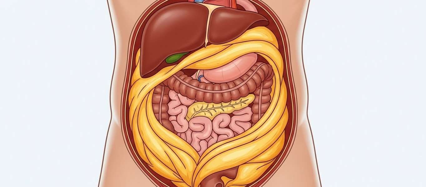 رسم طبي يوضح الدهون الحشوية داخل البطن المحيطة بالأعضاء الداخلية وتأثيرها على الصحة