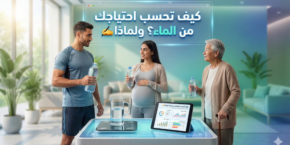 رسم توضيحي يشرح كيفية حساب احتياج الجسم من الماء يوميًا مع تأثير الوزن، النشاط البدني، والمناخ