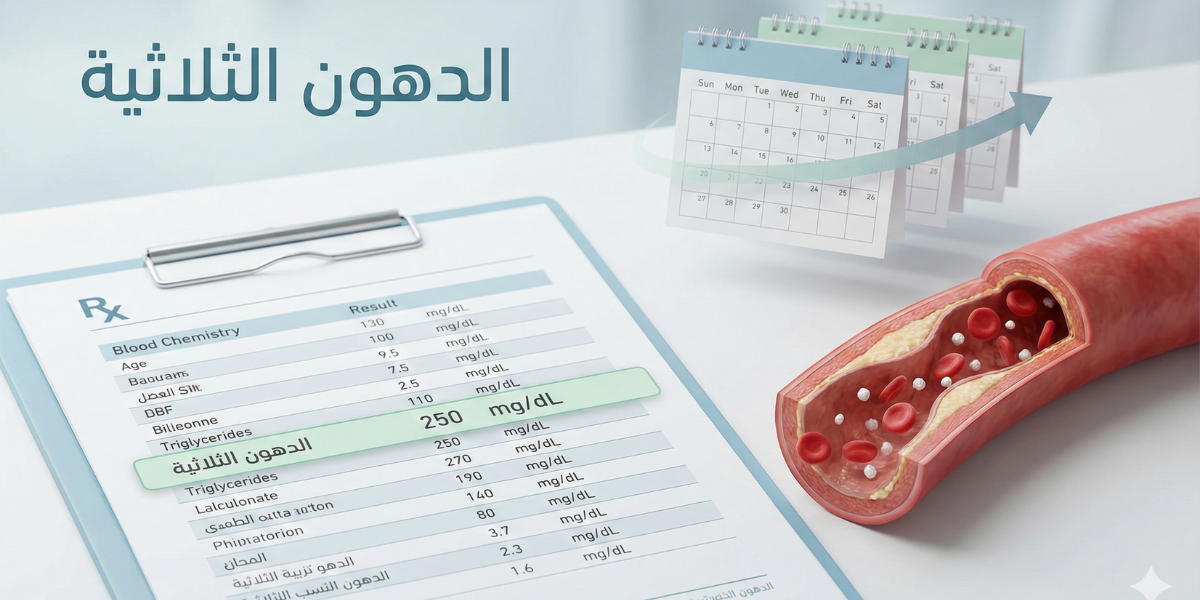 صورة تحليل الدهون الثلاثية في الدم مع تمثيل طبي لتراكم الدهون وخطة صحية لمدة 90 يوم