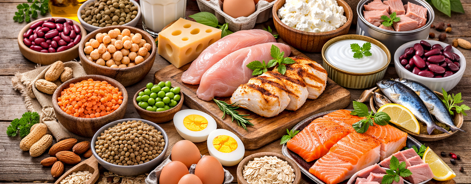 تشكيلة متنوعة من مصادر البروتين الطبيعية مثل الدجاج والبيض والأسماك والبقوليات ومنتجات الألبان مرتبة على طاولة خشبية