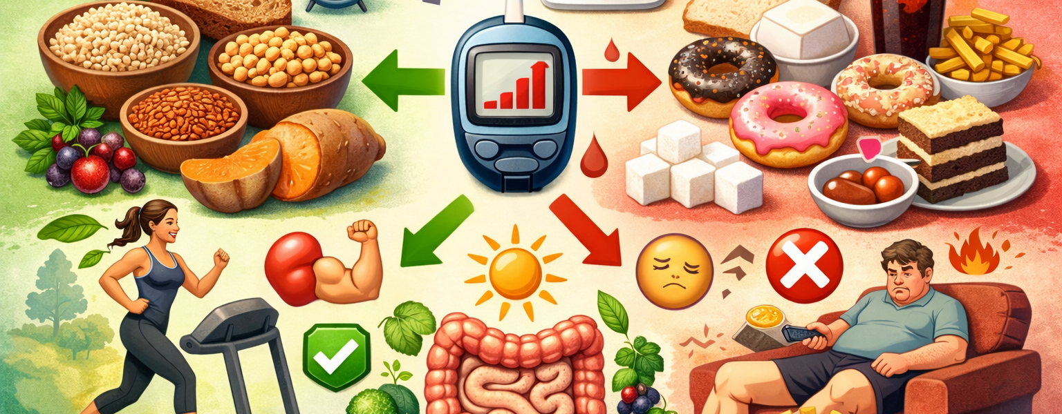 رسم توضيحي يوضح الفرق بين الكربوهيدرات الذكية والكربوهيدرات المكررة وتأثيرها على الطاقة وصحة الجسم