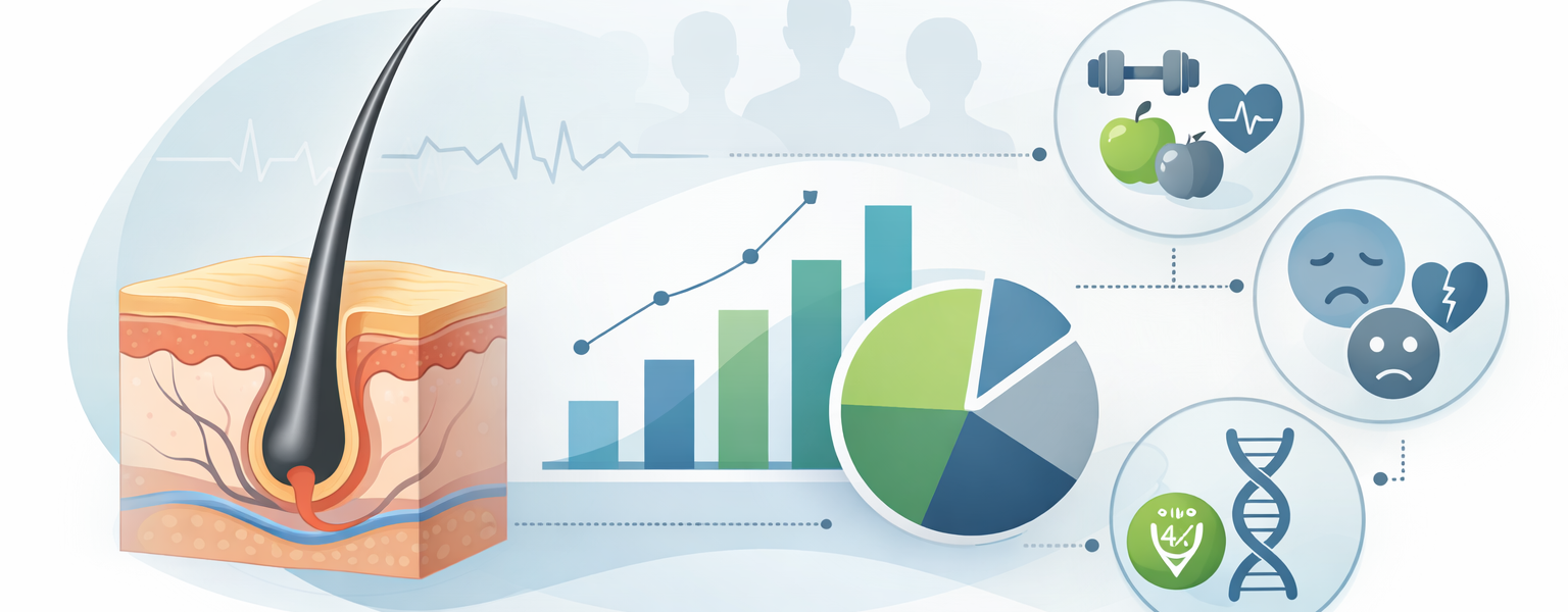 إنفوجرافيك علمي يشرح دراسة صحية مقطعية عن تساقط الشعر والعوامل المرتبطة به مثل نمط الحياة والعوامل النفسية والوراثية