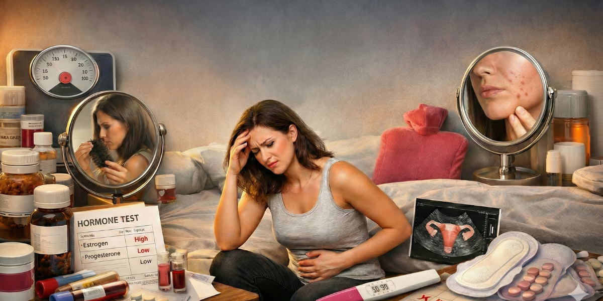 امرأة تعاني من أعراض اضطراب الهرمونات مثل آلام البطن، الصداع، تساقط الشعر، وحب الشباب مع أدوات تشخيص طبية