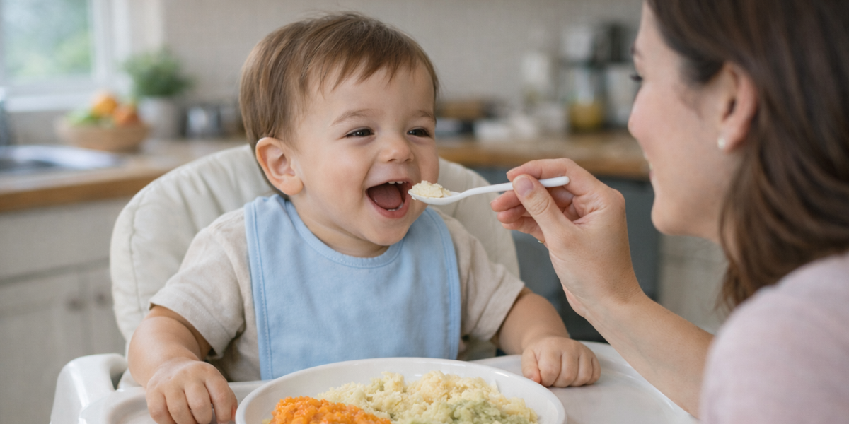 طفل صغير يتناول وجبة صحية متوازنة تحتوي على خضروات وفواكه وبروتين ضمن نظام تغذية الأطفال