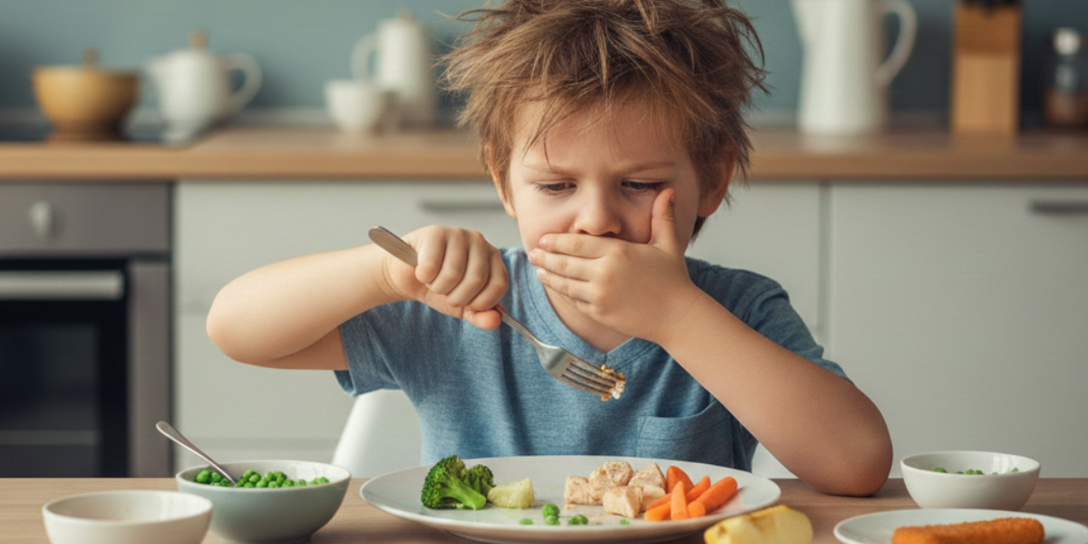 طفل يرفض الطعام مقابل طفل يستمتع بوجبة صحية متوازنة ضمن مفهوم التعامل مع الانتقائية في الأكل عند الأطفال.