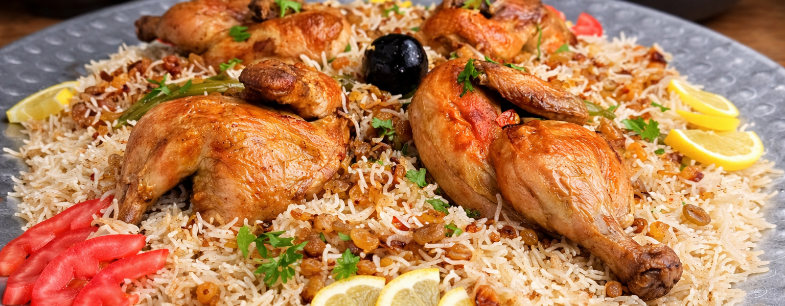 طبق كبسة دجاج متوازن مع أرز وخضار