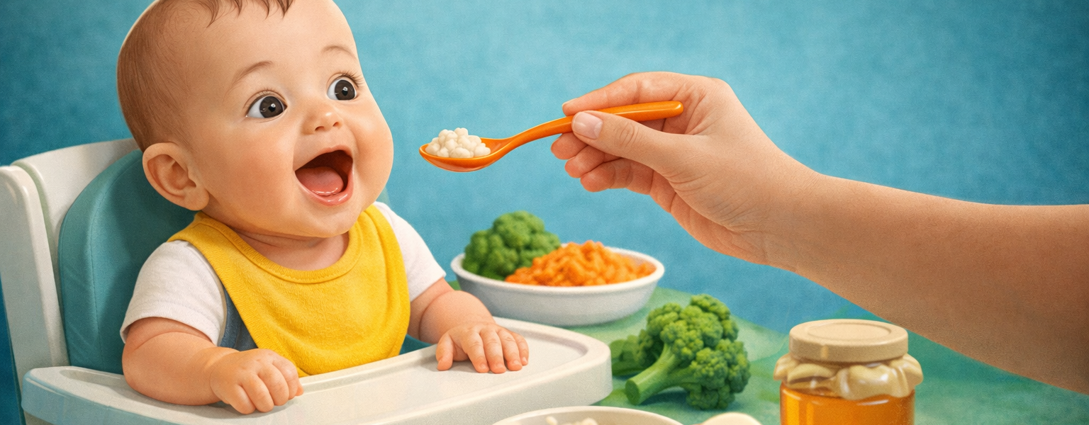 طفل رضيع يجلس في كرسي الطعام بينما تقدّم له الأم طعامًا مهروسًا بالملعقة عند بدء إدخال الطعام الصلب