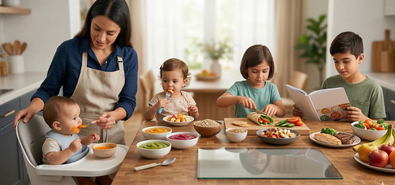 وجبات صحية ومتوازنة للأطفال تحتوي على خضروات وفواكه وبروتينات لدعم النمو السليم