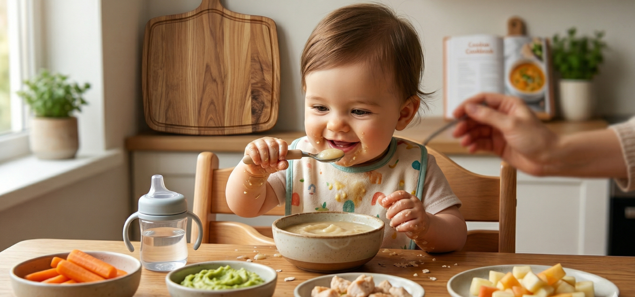 طفل بعمر 9 أشهر يتناول وجبة صحية متنوعة تحتوي على خضروات وفواكه وبروتين على طاولة خشبية في مطبخ مشرق.