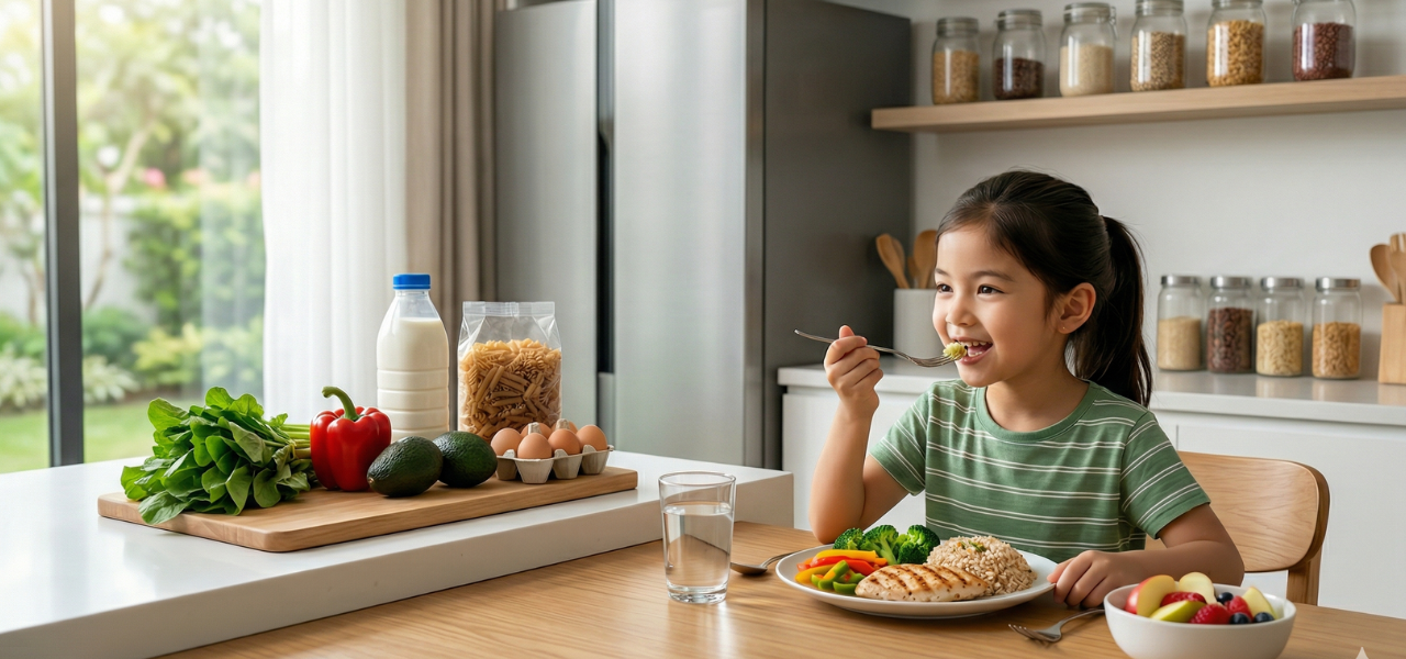 طفلة تتناول وجبة غداء صحية ومتوازنة في مطبخ عصري مع مكونات غذائية طازجة مثل الخلبب والخضروات والفاكهة، تمثل جدول تغذية الأطفال 6-9 سنوات.