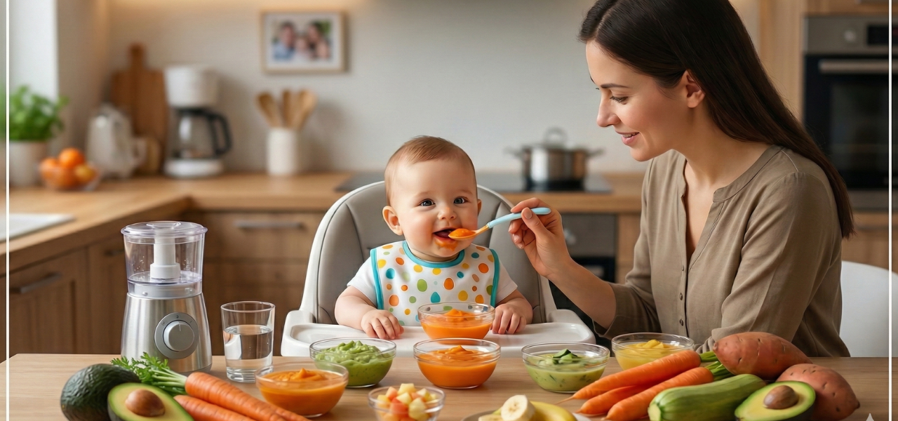 طفل عمره 6 أشهر يجلس على كرسي الطعام أمام طبق يحتوي على خضروات وفواكه مهروسة مناسبة لبدء التغذية التكميلية