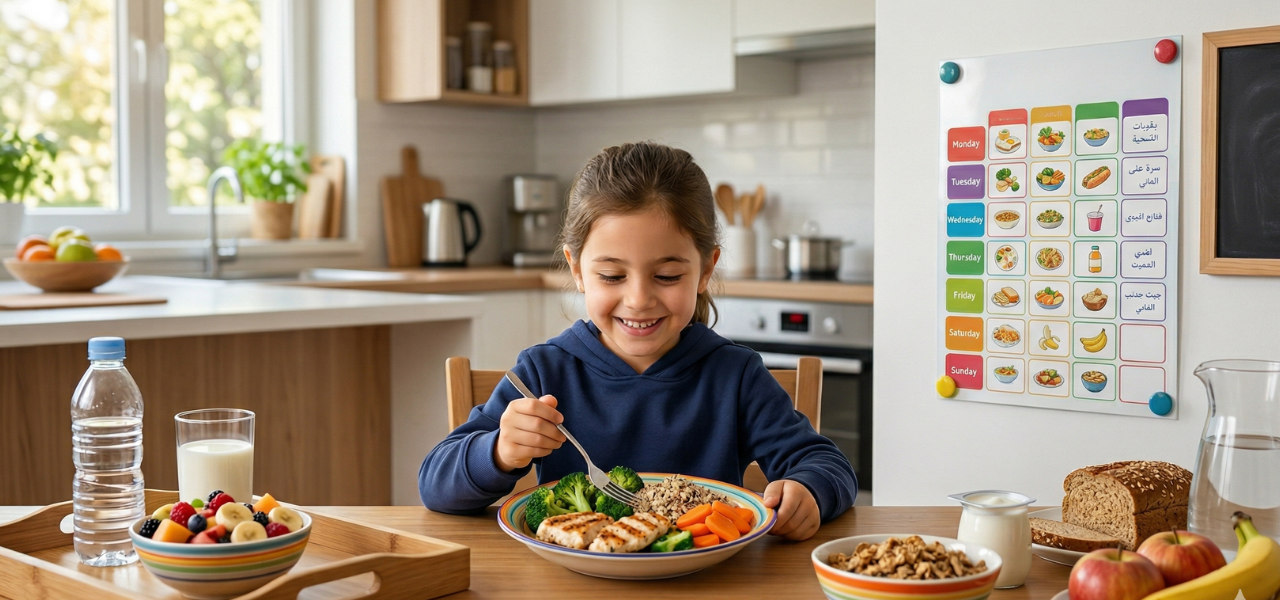 طفلة تتناول وجبة صحية متوازنة أمام جدول غذائي يومي للأطفال في مطبخ مشرق ومنظم.