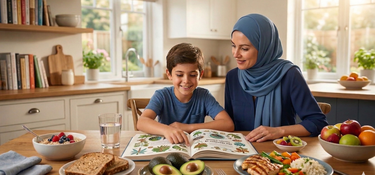 صورة واقعية لأم وطفل في العاشرة من عمره يجلسان أمام مائدة طعام صحية غنية بالبروتينات والفواكه، مع وجود جدول غذائي فارغ أمامهما في مطبخ مشرق وهادئ.