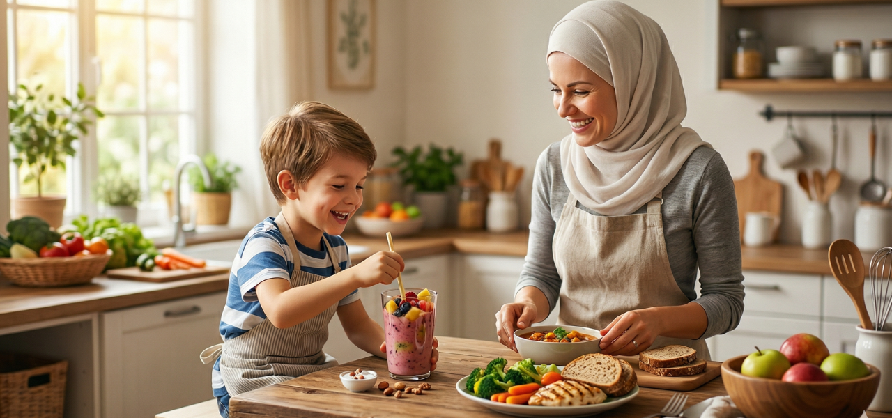 امرأة محجبة مبتسمة تقدم وجبات صحية غنية بالعناصر الغذائية لطفلها في مطبخ مشرق، لتمثيل مفهوم التغذية السليمة وزيادة الوزن الصحية.