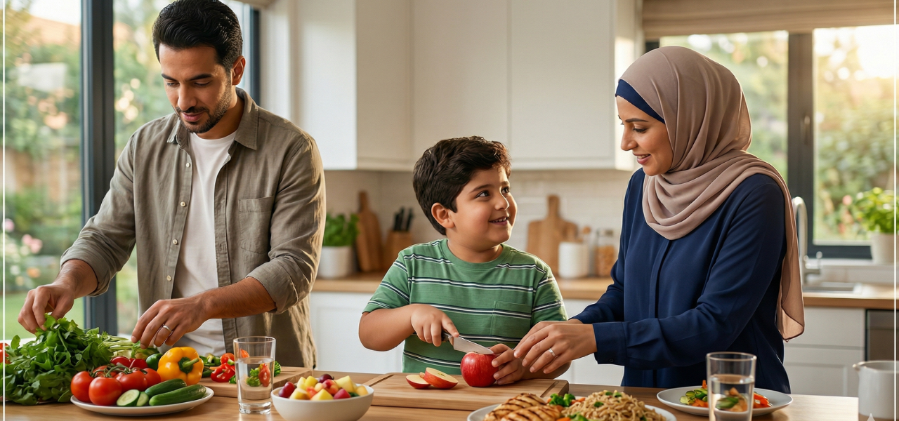 مشهد واقعي لعائلة عربية تعلم طفلها كيفية اختيار وتحضير الطعام الصحي والفاكهة لإنقاص الوزن بأمان.