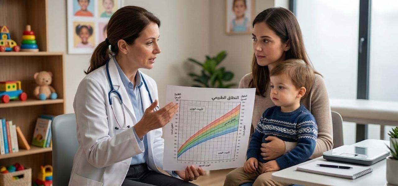 طبيبة أطفال تشرح للأم مخطط نمو الطفل البياني داخل عيادة طبية حديثة ومنظمة، مع التركيز على المتابعة الصحية الدقيقة للوزن والطول.