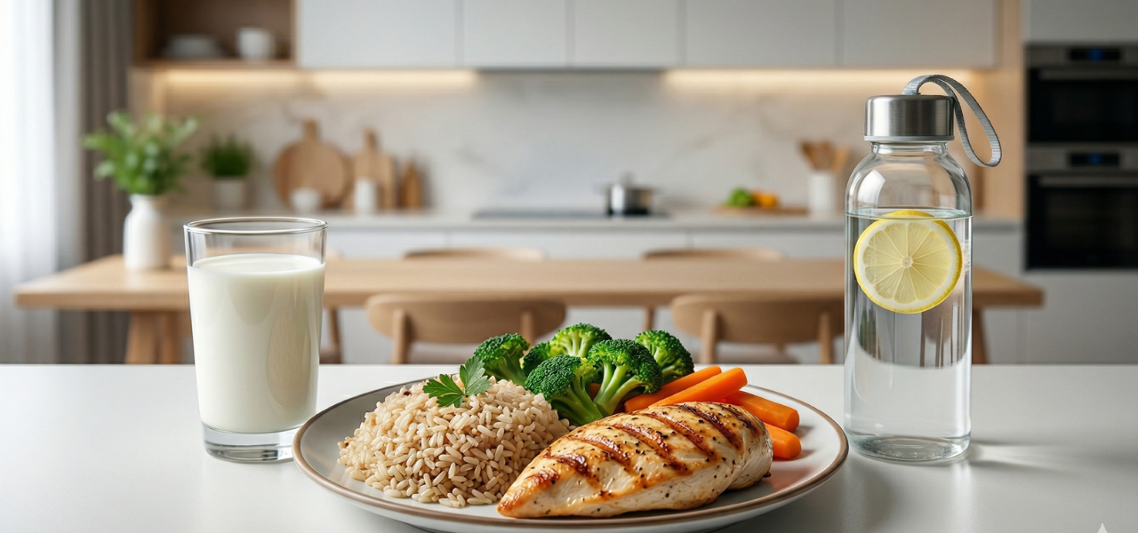 وجبة غذائية صحية متكاملة لطفل في سن 10-12 سنة تشمل بروتين الدجاج المشوي، كوب حليب، وزجاجة ماء لتعزيز النمو الصحي.