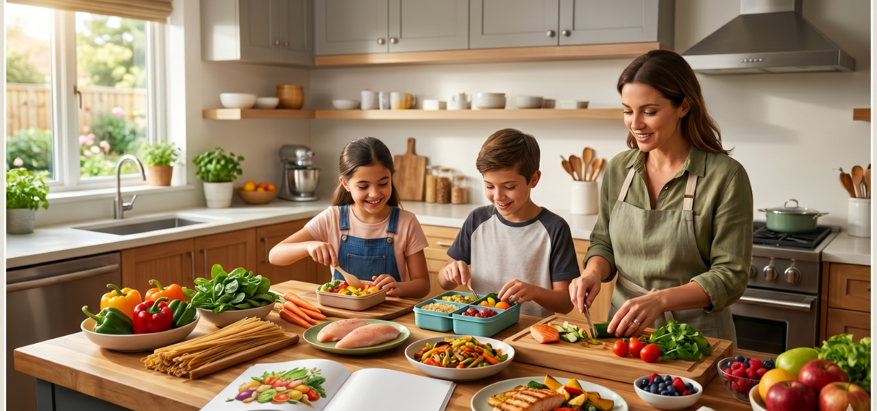 مشهد عائلي واقعي في مطبخ عصري يظهر أماً وطفليها (10-12 سنة) يشاركون في تحضير وجبات غداء صحية ومتوازنة تحتوي على خضروات، بروتين، وفواكه طازجة.