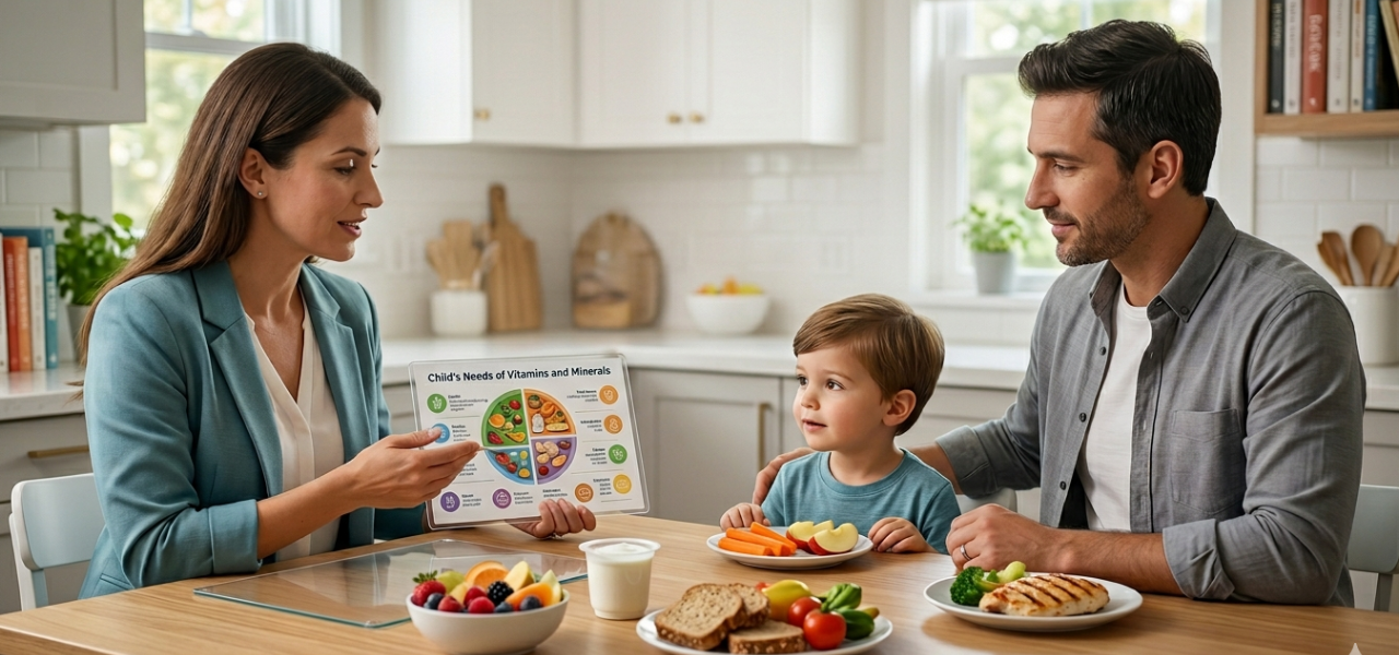 أخصائية تغذية تشرح لوالدين احتياجات طفلهما الغذائية اليومية من الفيتامينات والمعادن باستخدام مخطط تعليمي أمام وجبة صحية متكاملة.