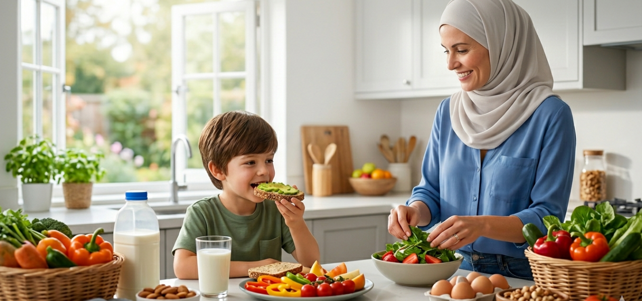 أم محجبة تحضر السلطة بينما يأكل ابنها خبز الأفوكادو في المطبخ