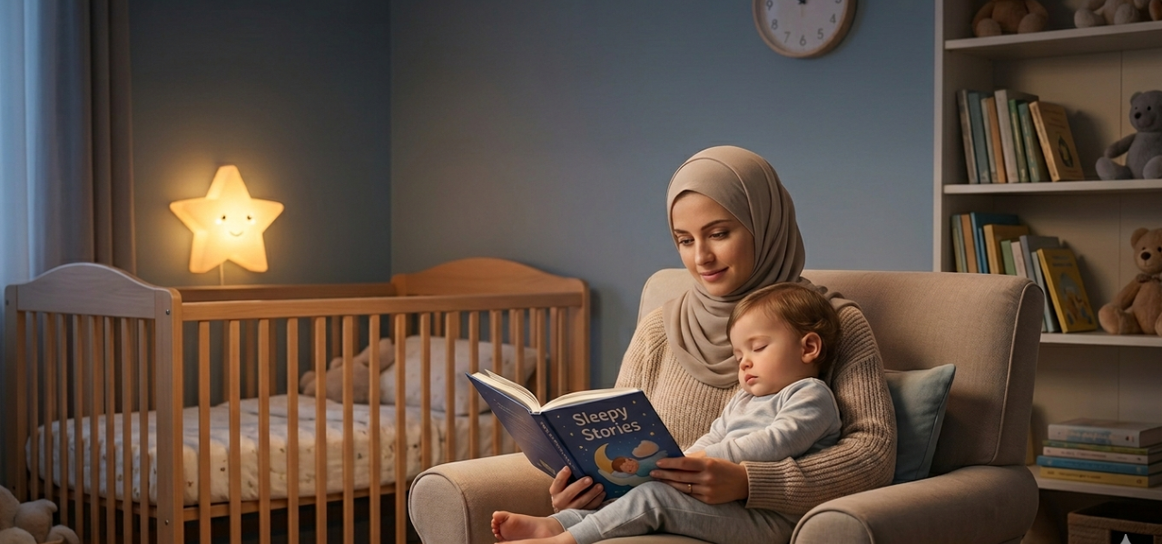 "أم محجبة تقرأ قصة لطفلها الصغير وهو نائم في حضنها داخل غرفة نوم أطفال دافئة ومنظمة، بجانب سرير خشبي وإضاءة ليلية هادئة على شكل نجمة."