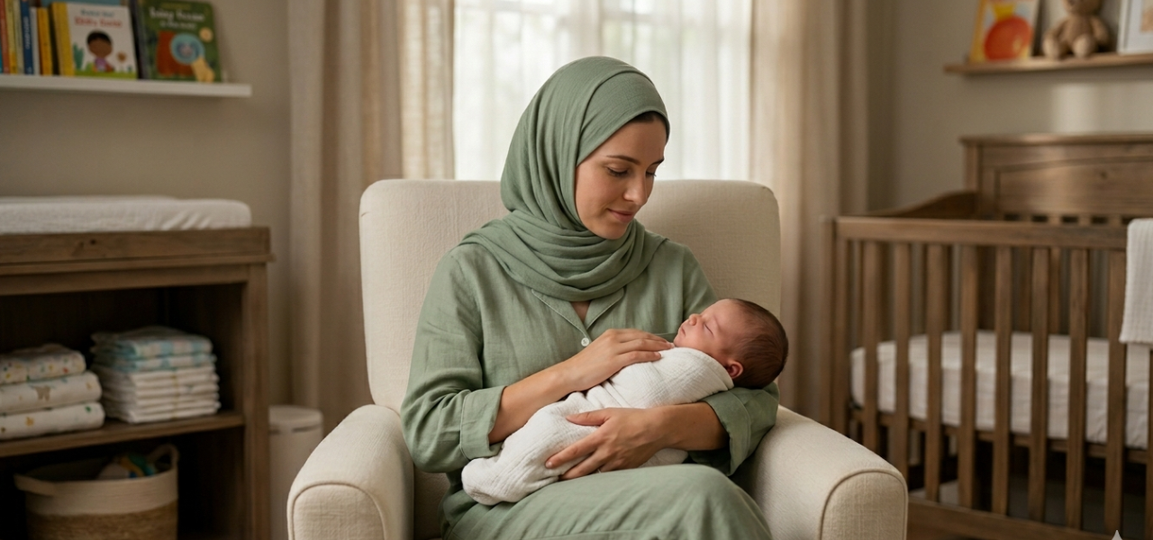 صورة عالية الجودة لامرأة محجبة تجلس على كرسي مريح في غرفة نوم أطفال منظمة، تحمل طفلًا رضيعًا ينام بسلام، تعكس أجواء الهدوء والأمومة الواعية.