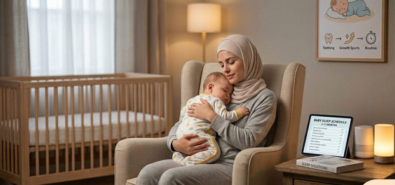 أم محجبة تحمل طفلها الرضيع النائم بهدوء في غرفة نوم دافئة، وبجانبها جدول تنظيم نوم الرضع على جهاز لوحي.