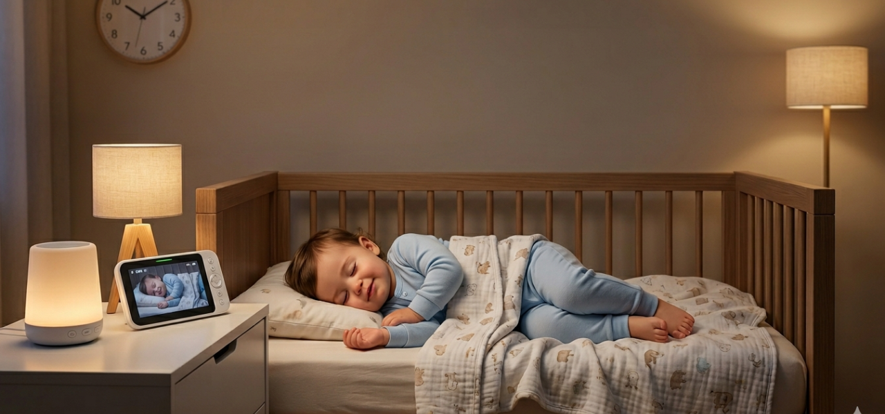 صورة واقعية لطفل نائم بسلام في سريره الخشبي مع إضاءة خافتة وجهاز مراقبة الأطفال بجانبه