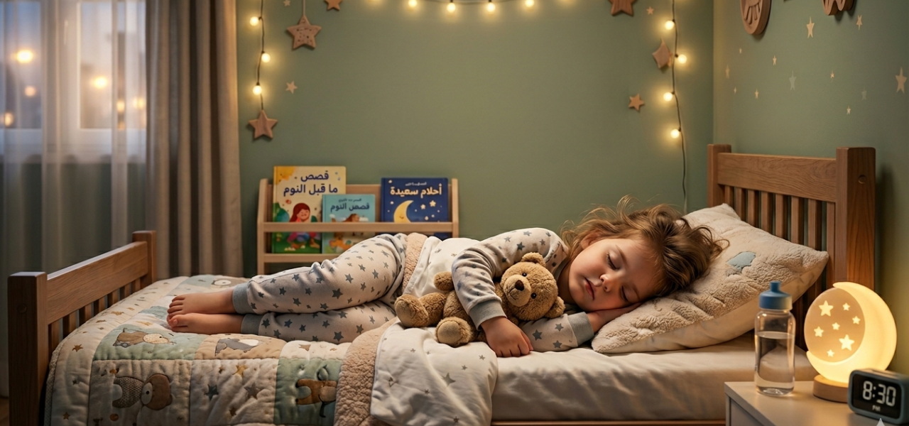 صورة واقعية عالية الدقة لطفلة نائمة بسلام في سرير خشبي دافئ، بجانبها دمية دب وقصص أطفال، مع إضاءة خافتة ومنضدة ليلية عليها ساعة رقمية ومصباح بشكل هلال.