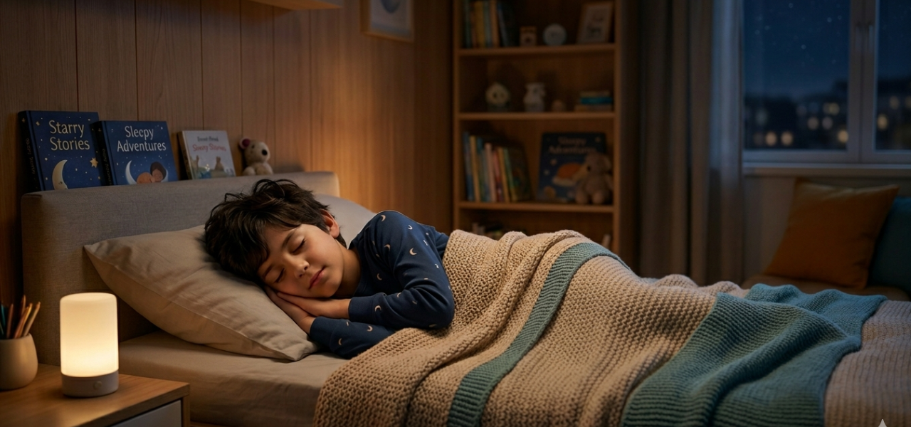 طفل ينام بعمق بسلام وهدوء في سريره مغطى بلحاف دافئ، مع إضاءة ليلية خافتة في خلفية غرفة نوم منظمة وهادئة.
