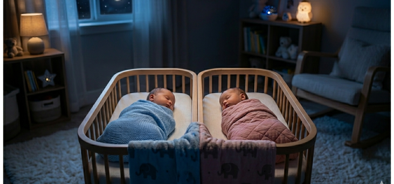 توأم (ولد وبنت) نائمين بسلام في سريرين منفصلين داخل غرفة نوم ليلية دافئة، أحدهما بلفافة زرقاء والآخر بلفافة وردية مع إضاءة خافتة.