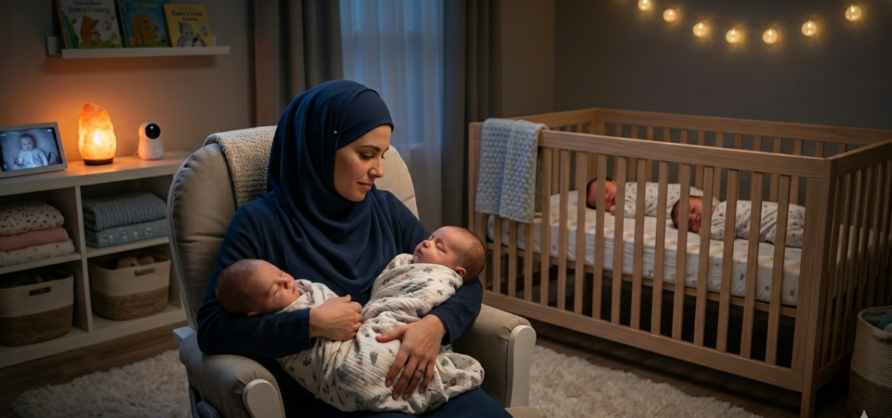صورة واقعية لأم محجبة في غرفة نوم هادئة ليلاً، تحمل طفلين رضيعين نائمين، مع وجود طفلين آخرين في سرير جانبي، تعبر عن الهدوء والسكينة في رعاية التوائم.