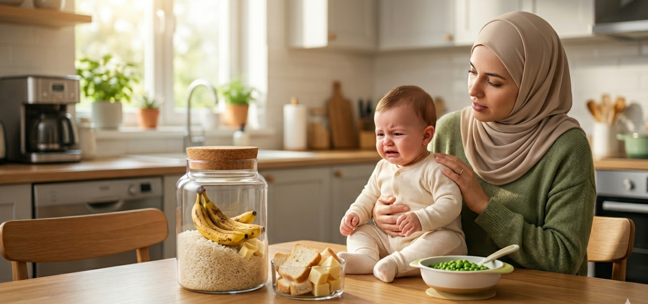 نص وصفي لمحركات البحث ولذوي الإعاقة البصرية: "أم محجبة في المطبخ تعتني بطفلها الرضيع الذي يبدو عليه الانزعاج، وأمامها برطمان يحتوي على أرز وموز وخبز لتمثيل الأطعمة التي قد تسبب الإمساك، مع وجبة صحية من البازلاء الخضراء."