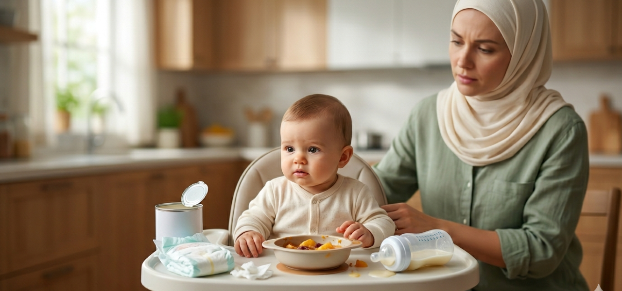 صورة واقعية عالية الجودة لأم محجبة في المطبخ تعتني بطفلها الرضيع أثناء الجلوس على كرسي الطعام، مع وجود وجبة أطفال وحفاضات وزجاجة حليب، تعبر عن القلق من مشاكل الهضم والإسهال لدى الرضع.