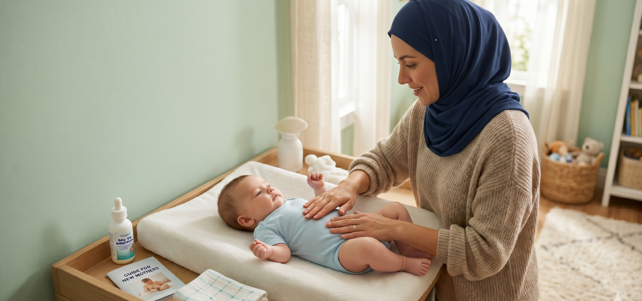 أم محجبة تقوم بعمل مساج لبطن رضيعها بلطف لتخفيف الغازات في غرفة نوم هادئة، مع وجود دليل إرشادي للأمهات الجدد بجانبها.