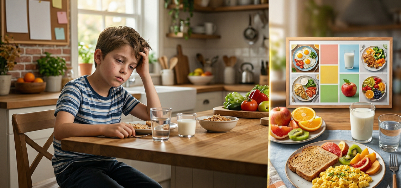 "طفل يشعر بالإرهاق أمام مائدة الطعام بجانب صورة لوجبة صحية متكاملة غنية بالبروتين والحليب للأطفال في عمر 6 إلى 9 سنوات."