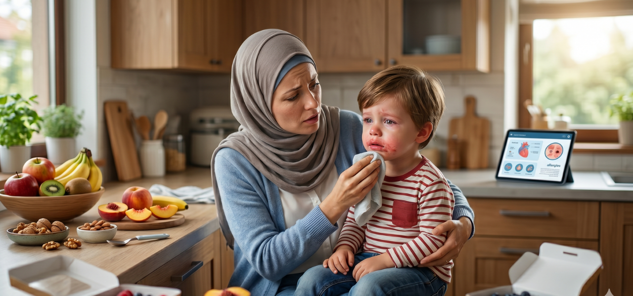 أم محجبة تقدم الرعاية لطفلها المصاب بأعراض حساسية فموية واحمرار حول الفم في المطبخ بجانب أطعمة مسببة للحساسية مثل الفواكه والمكسرات.