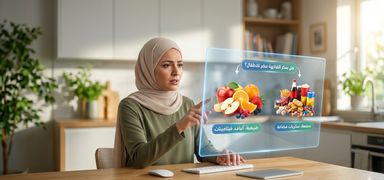 امرأة محجبة تبحث عبر شاشة تفاعلية في المطبخ حول أضرار سكر الفاكهة للأطفال ومقارنته بالسكريات المضافة.