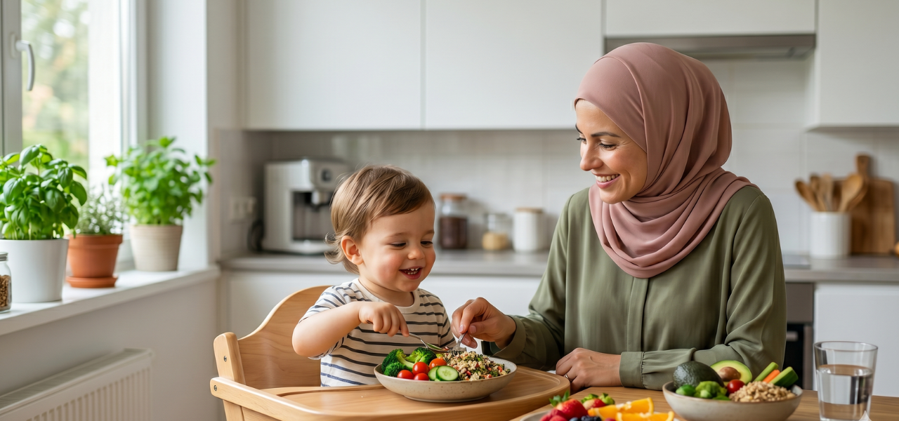 النص البديل: أم محجبة تبتسم وتساعد طفلها الصغير على تناول وجبة صحية ومشرقة من الخضار والبروكلي والكينوا داخل مطبخ حديث ومضاء جيدا لتشجيعه على التغذية السليمة.