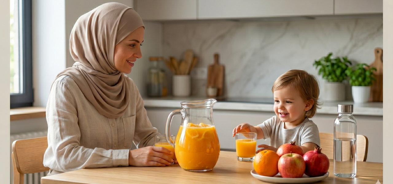 أم محجبة تجلس مع طفلها في المطبخ وأمامهم إبريق من عصير البرتقال الطبيعي الطازج وفواكه متنوعة وزجاجة مياه على طاولة خشبية.