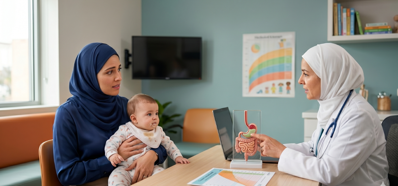 طبيبة محجبة في عيادة أطفال تشرح لأم محجبة أسباب ارتجاع الطعام عند الرضع باستخدام نموذج تشريحي للجهاز الهضمي.