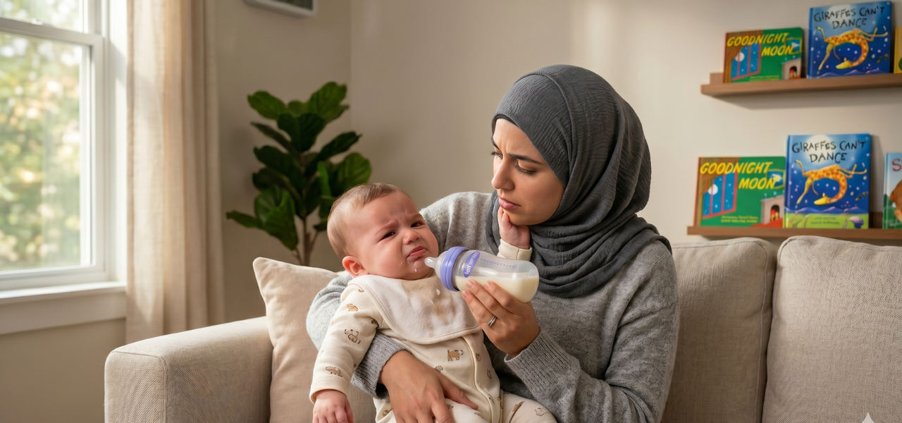 أم محجبة تعتني بطفلها الرضيع الذي يظهر عليه الانزعاج أثناء الرضاعة، مما يجسد أعراض صعوبة البلع والارتجاع.